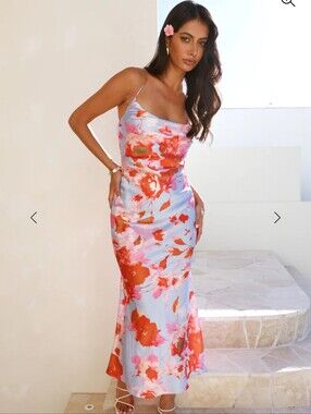 NWT Selfie Leslie Low KeySatin Floral Slip Maxi Dress Light Blue and Red XS 2 0